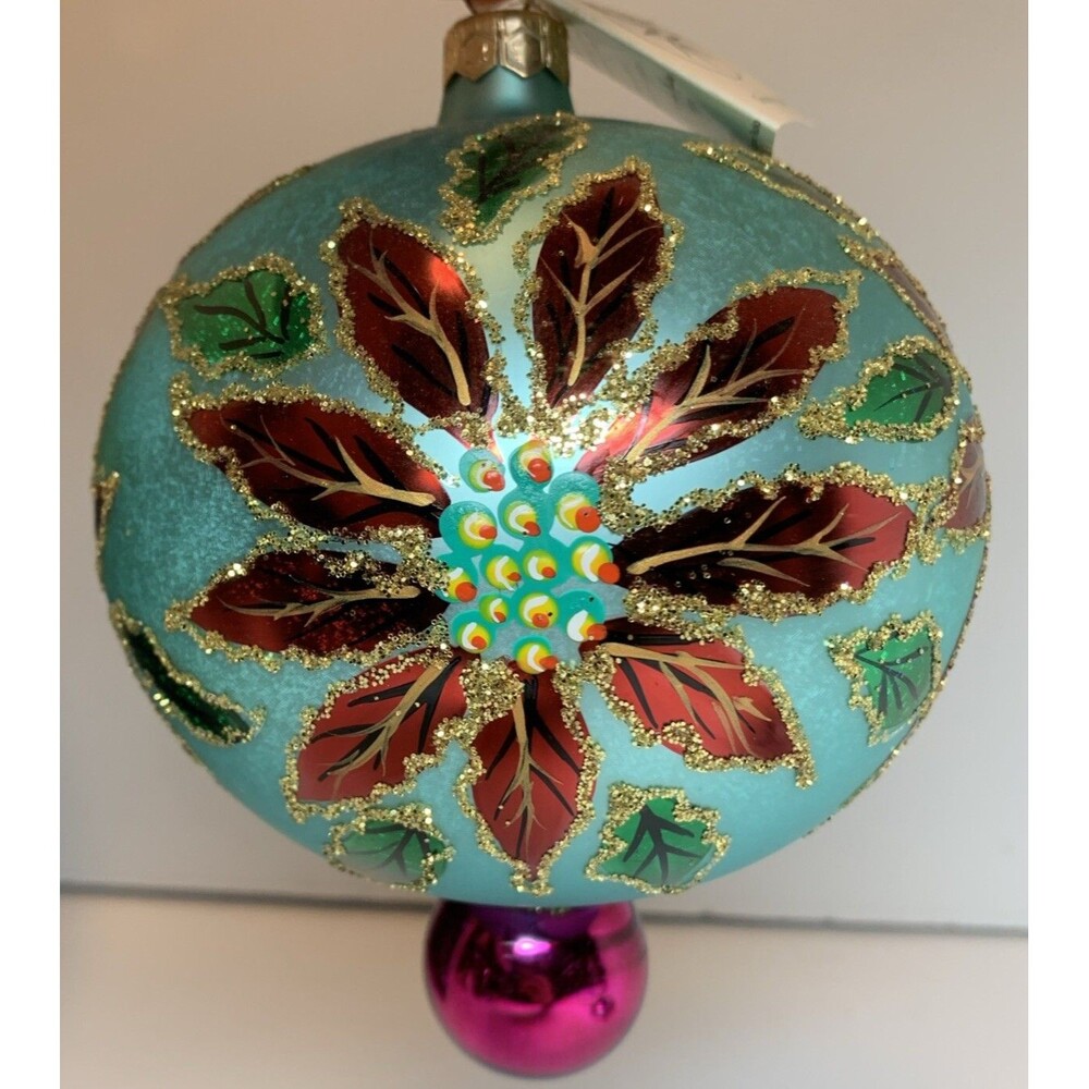 HTF Christopher Radko Winter Star Blossom Poinsettia BLUE Ball Ornament 96-284-0